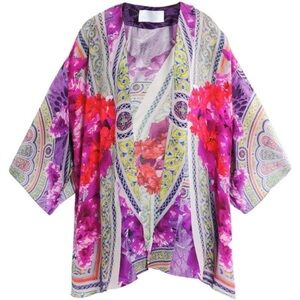 NWT Athena Procopiou 100% Silk Garden Print Kimono Cardigan Cover Up One Size